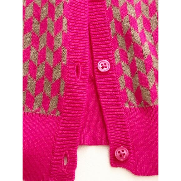 Old Navy Cardigan Sweater Fuchsia Tan Geo Print Crew Neck Button Front Small NEW - Picture 14 of 16
